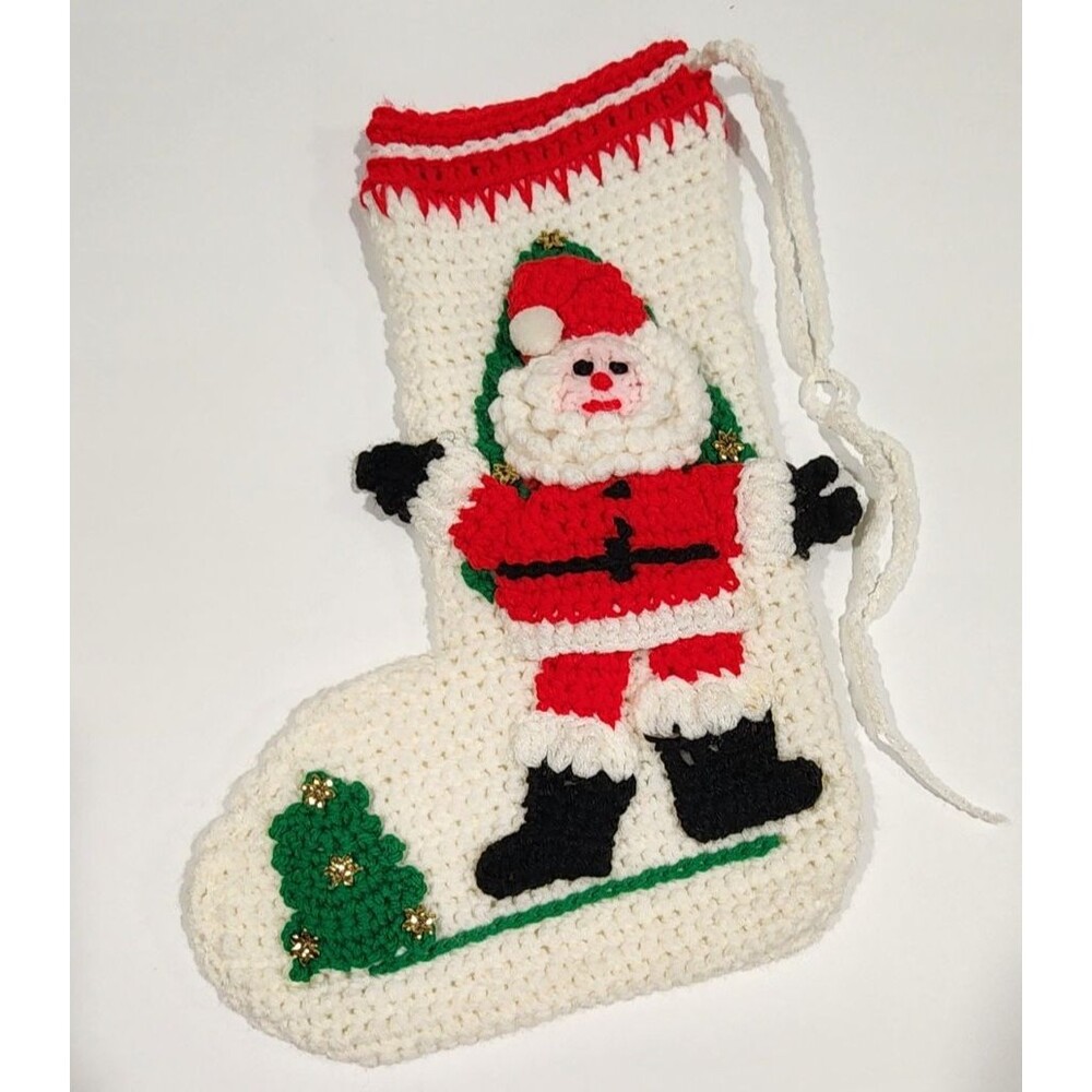 Vintage Crocheted Christmas Stocking Santa Handmade Chunky Knit Red Green 14"